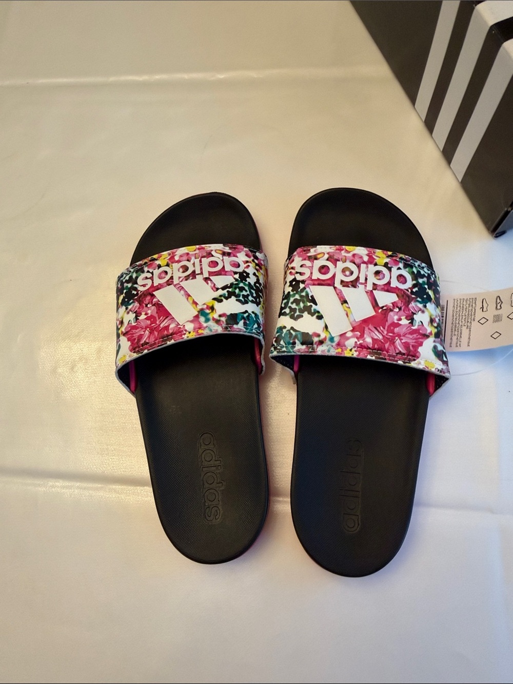 NEW IN BOX adidas Women's Black Slide Sandals with Pink Floral Strap